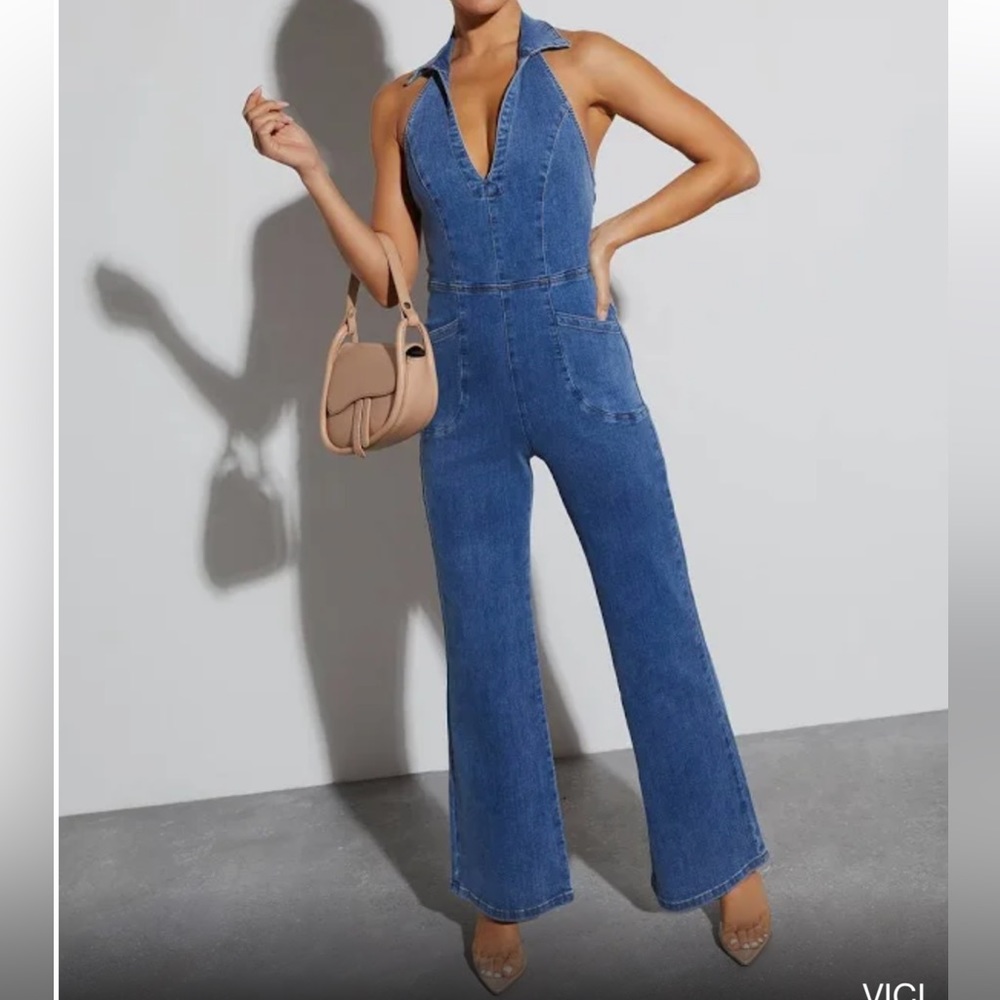 Vici Blue Denim Halter Jumpsuit